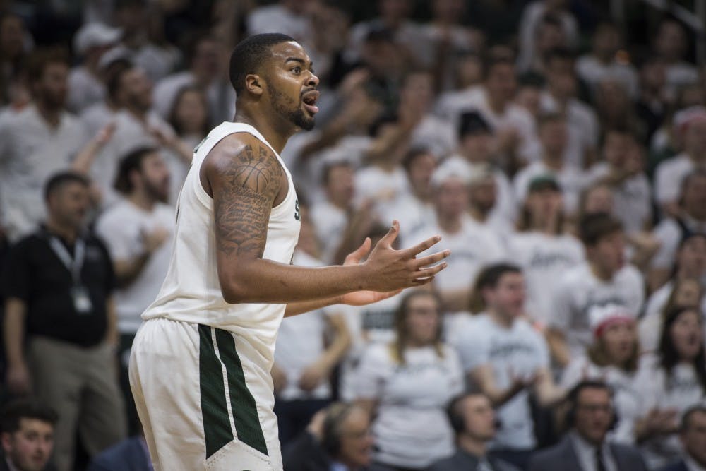 Junior forward Nick Ward (44) reacts to a call during the men's basketball game against Indiana on Feb. 2, 2019 at Breslin Center. Michigan State lost to Indiana in overtime 79-75. Nic Antaya/The State News