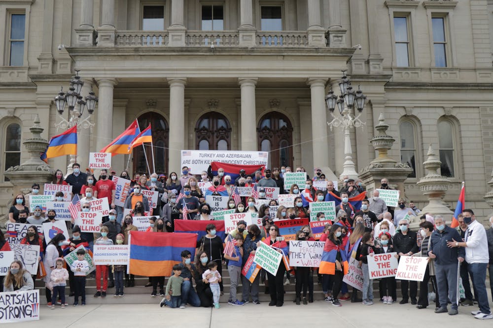 Protesters at the state Capitol steps on Oct. 11, 2020.