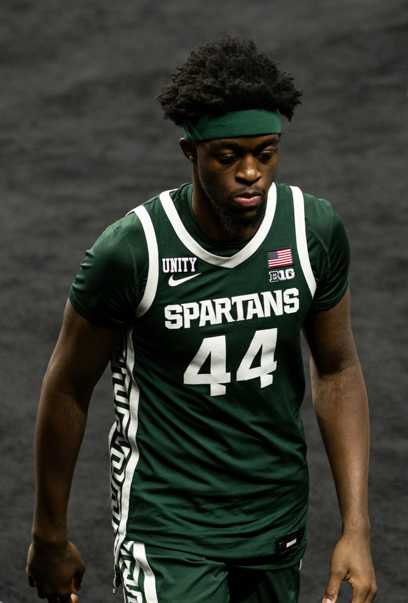 <p>MSU forward Gabe Brown (44) walks off the court following the team&#x27;s loss to Maryland in the Big Ten Tournament on March 11, 2021.</p>