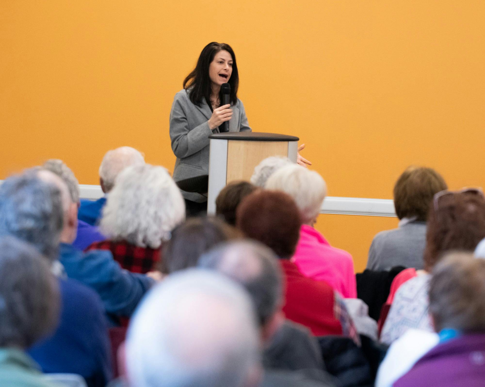<p>Attorney General Dana Nessel speaks at the East Lansing Public Library on Feb. 23, 2020.</p>