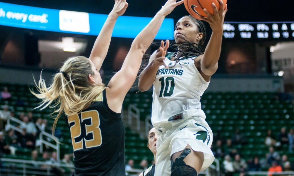 Red shirt senior guard Branndais Agee (10) goes to make a basket during the game against Oakland on Nov. 13, 2017, at Breslin Center. The Spartans defeated the Grizzlies 95-63.