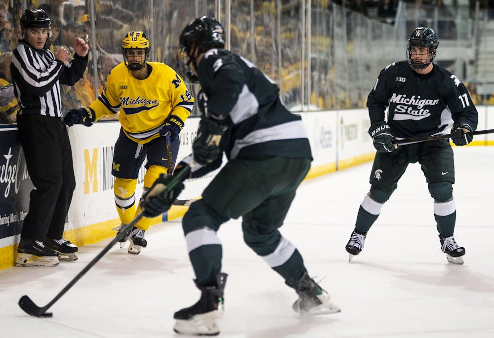 <p>Michigan State freshman defense Sean Barnhill (3) takes control of the puck at the Yost Ice Arena in Ann Arbor, Mich. on Dec. 6, 2025.</p>