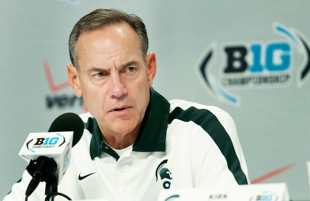 Head coach Mark Dantonio speaks to the media on Dec. 4, 2011 at the conclusion of Big Ten Championship game against Wisconsin at Lucas Oil Stadium in Indianapolis. Sate News File Photo