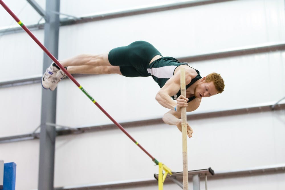 <p>Then-junior pole vaulter Tim Ehrhardt poles vaults during the Big Ten men&#x27;s and women&#x27;s indoor track and field championship on Feb. 24, 2017, at SPIRE Institute in Geneva, Ohio.</p>