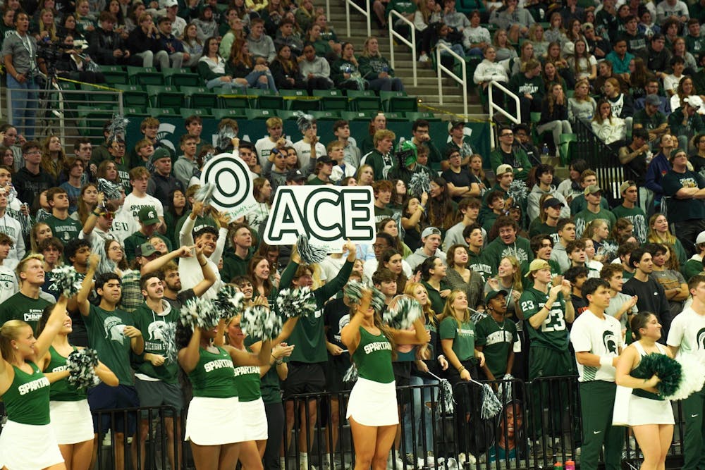 <p>The Michigan State student section cheers on the volleyball team at the Breslin Center on Oct. 6, 2023. The Spartans lost 3-1.</p>