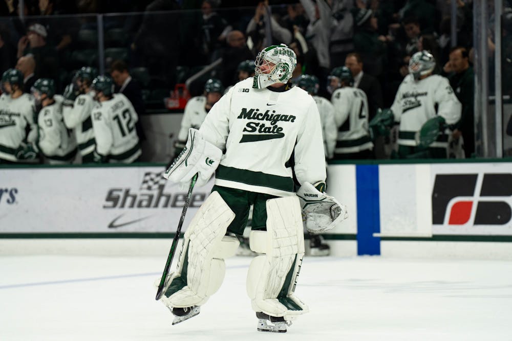 <p>Michigan State goaltender No. 1 Trey Augustine taunts the Minnesota bench after the go-ahead goal at Munn Ice Arena in East Lansing, Michigan on Jan. 26, 2024. Michigan State secured a huge win to take a commanding lead of first in the Big Ten.</p>