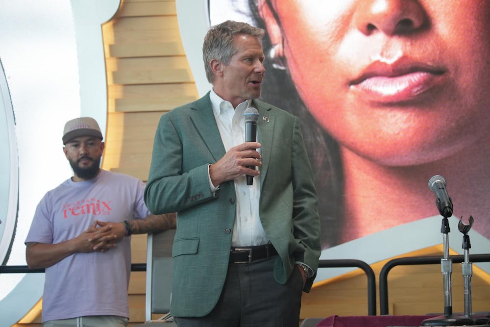 <p>Michigan State University president Kevin Guskiewicz speaks to the students about diversity during Spartan Remix on Sept. 5th, 2024. Spartan Remix is a student event for multicultural student organizations that helps get their name out to new and prospective students</p>