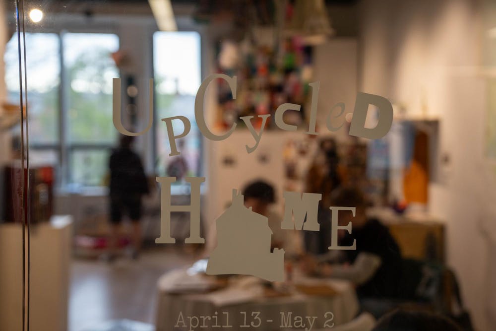 "upcycled home" logo in the Union Art Gallery at the MSU Union in East Lansing, on April 21 2026.