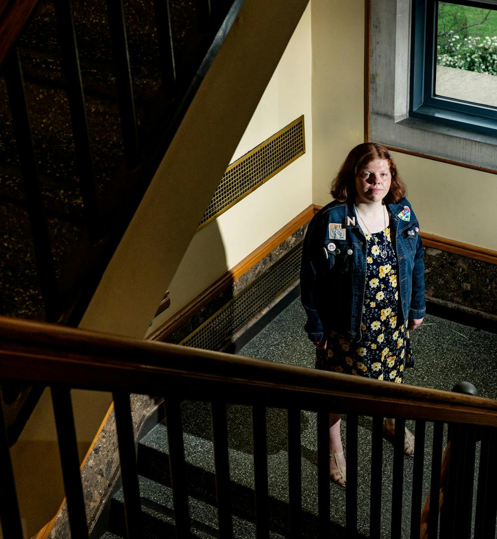 <p>Nina Blum, a Michigan State University political science junior, poses for a portrait at the MSU Union on campus in East Lansing, Mich., on Saturday, April 25, 2026.</p>