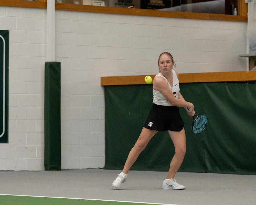 <p>MSU redshirt sophomore Hanna Tsitavets tracks ball against Xavier in their doubles match at the MSU Indoor Tennis Center on Jan. 24, 2025. Tsitavets went on to win the match six to four.</p>
