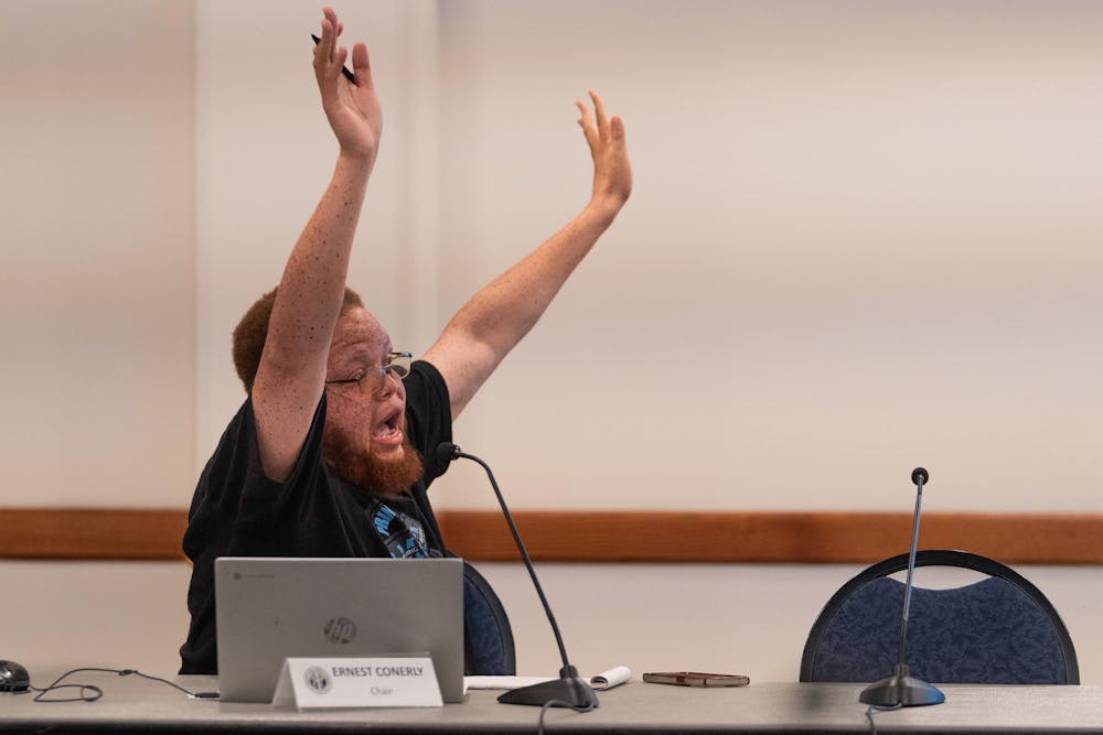 <p>Commission Chair Ernest Conerly speaks at the East Lansing Independent Police Oversight Commission (ELIPOC) meeting at the Hannah Community Center in East Lansing, Mich., on Aug. 5, 2026.</p>