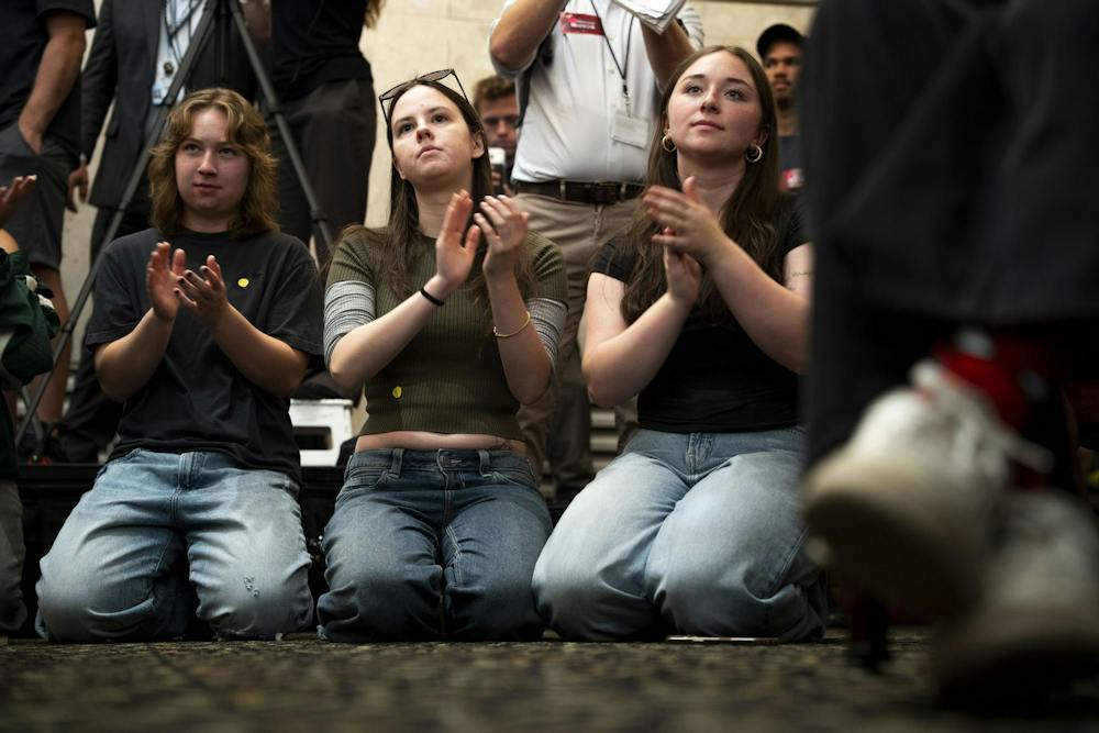 <p>Michigan State students applaud while listening to Will Lawrence speak during an Abdul El-Sayed rally at the MSU Union in East Lansing, Mich., on Sept. 11, 2026.</p>