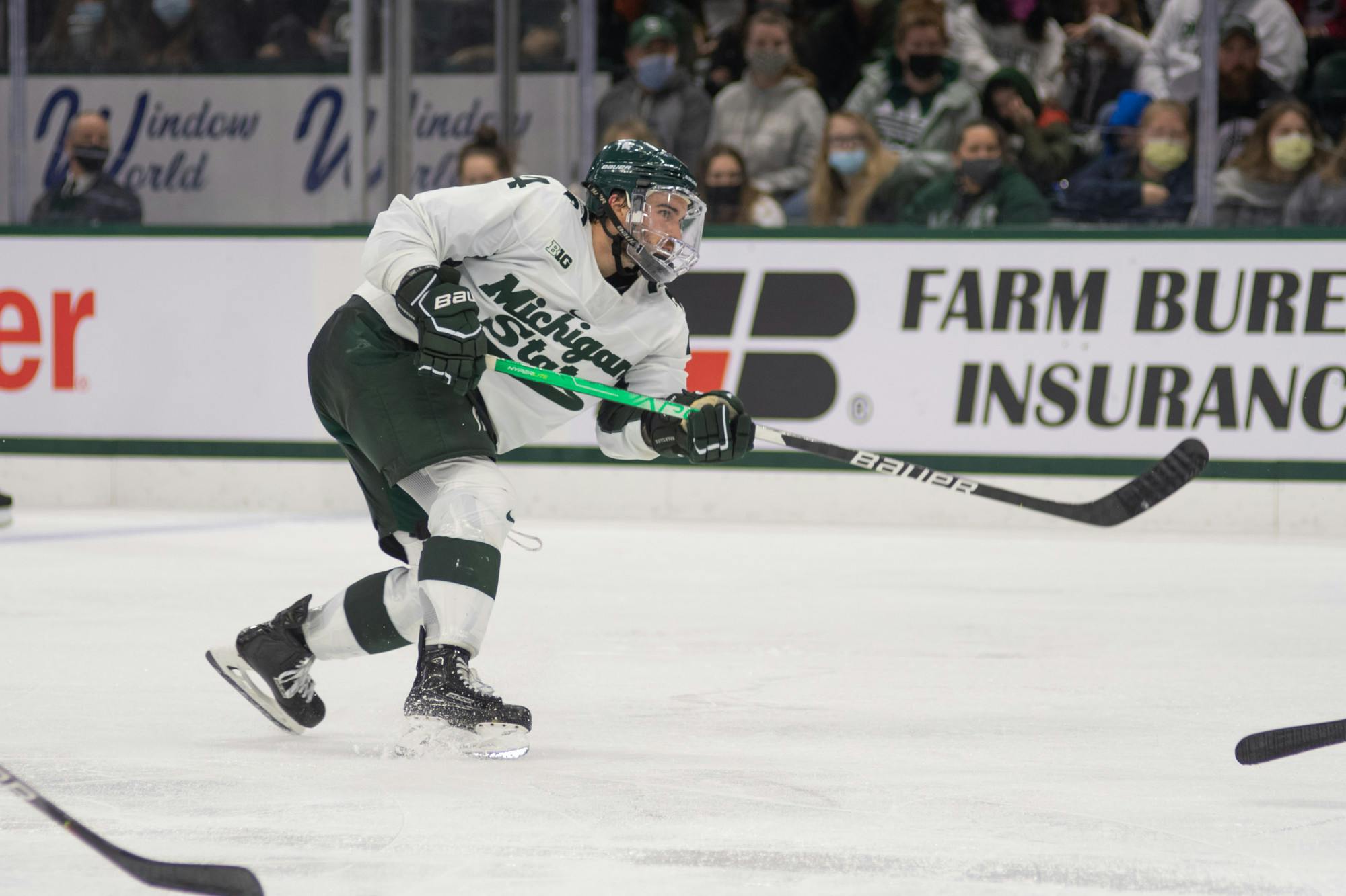 <p>Spartans defensemen Nash Nienhuis in their hockey game against the Miami Redhawks. Michigan State earned a win in the third period, 3-1, on Friday, Oct. 15, 2021. </p>
