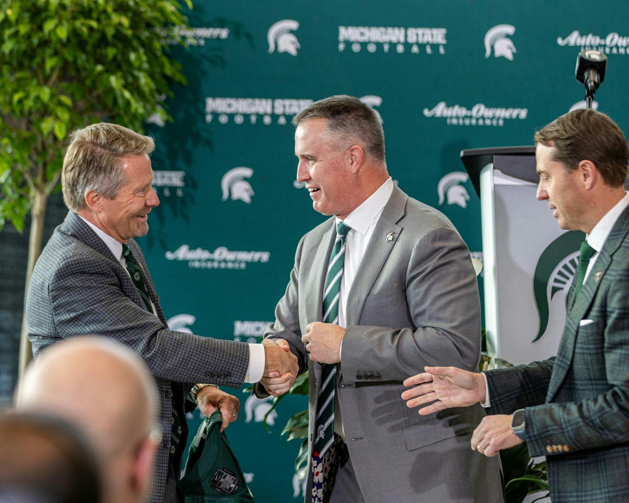 MSU President Kevin Guskiewicz welcomes Pat Fitzgerald to MSU in the Tom Izzo football building in East Lansing, MI on Dec. 2, 2025.