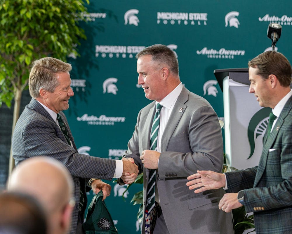 MSU President Kevin Guskiewicz welcomes Pat Fitzgerald to MSU in the Tom Izzo football building in East Lansing, MI on Dec. 2, 2025.
