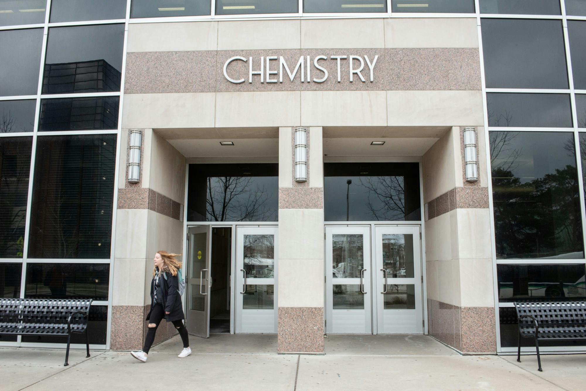 <p>A student leaves the chemistry building after an email is released notifying students that classes after noon have been cancelled on March 11, 2020.</p>