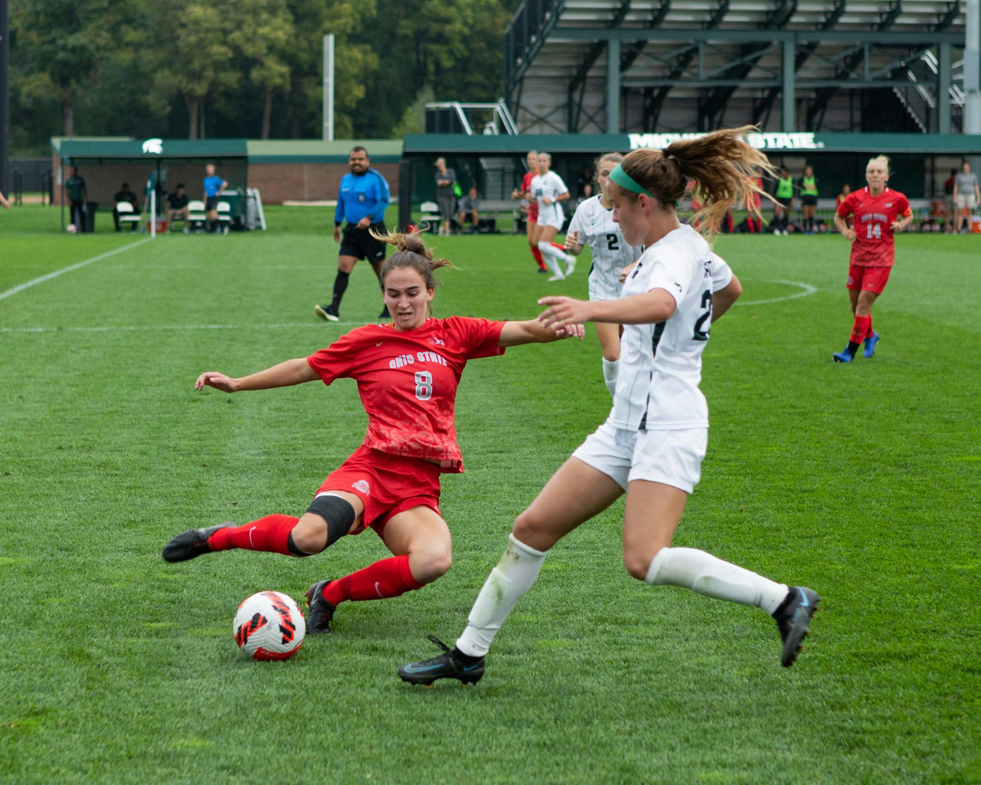 <p>Michigan State women&#x27;s soccer player fights for the ball at the MSU versus OSU game on Oct.10, 2021. </p>