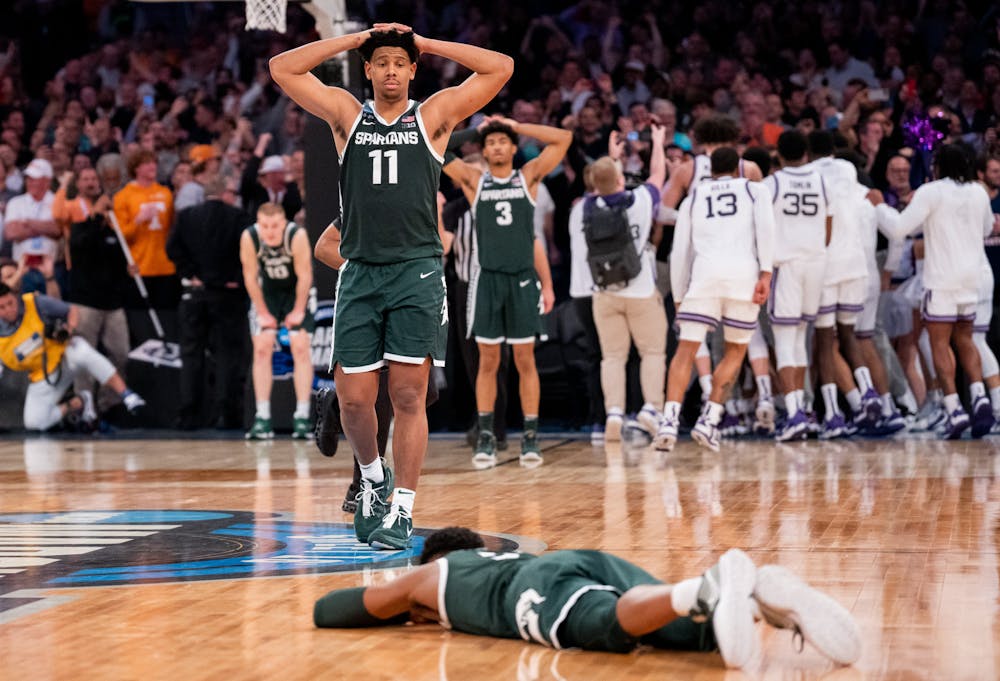 <p>Junior guard AJ Hoggard and his teammates disappointed after the loss in the Sweet Sixteen matchup against Kansas State University at Madison Square Garden on March 23, 2023.</p>