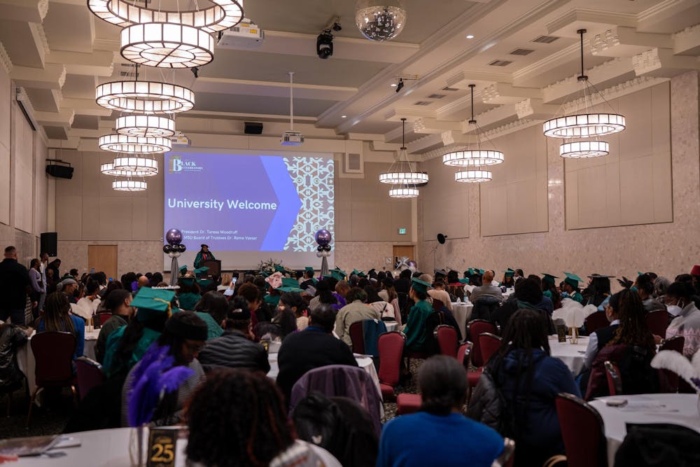 Chairwoman of the Board of Trustees Rema Vassar speaks as MSU Fall 2023 graduates, families and friends listen on at the Fall 2023 Black Grad event at the Union Ballroom on Dec. 8, 2023. 