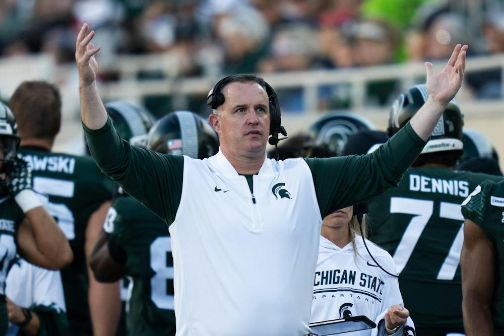 <p>Michigan State head coach Pat Fitzgerald gestures from the sideline during the Spartans’ game against Nebraska at Spartan Stadium in East Lansing, Mich., on Saturday, Sept. 26, 2026.</p>