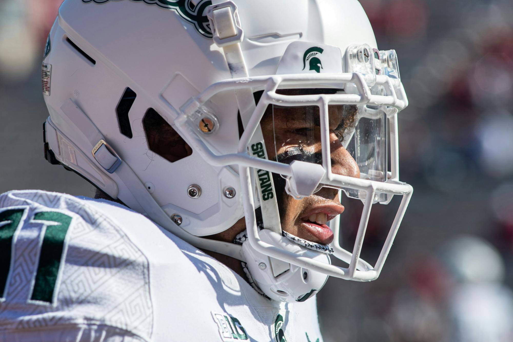 <p>Redshirt senior tight end Connor Heyward warms up before the start of the game. The Spartans found a way to hold on against the Hoosiers with a 20-15 win, scraping to their first 7-0 start since 2015 on Oct. 16, 2021.</p>