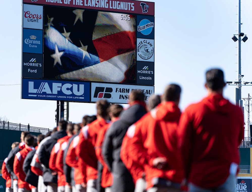<p>The National Anthem plays before the start of MSU versus OSU on April 7, 2023 at Jackson Field, the home of the Lansing Lugnuts.</p>