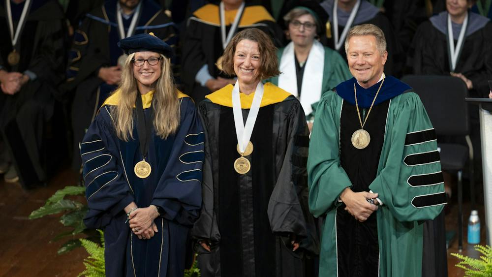 John A. Hannah Distinguished Professor Federica Brandizzi poses with MSU Provost Laura Lee McIntyre and MSU President Kevin M. Guskiewicz during the 2026 State of the University Address at the Pasant Theatre in the Wharton Center for Performing Arts at MSU on Tuesday, Sep 29, 2026.