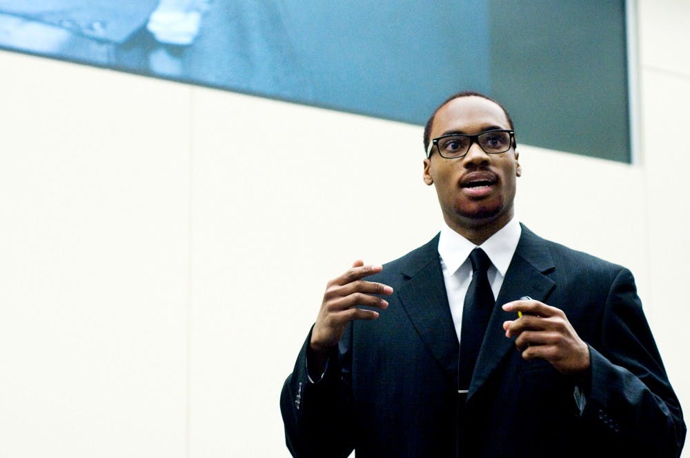 Accounting freshman Jalen Garrett tells the story of Malcomb X Wednesday night at the Tenth Annual Black History Month Multicultural Heroes Hall of Fame 2011 Case Competition. Seven teams gave presentations illustrating the lives of key players in the civil rights movement in the competition held in the Business College Complex. Matt Hallowell/The State News