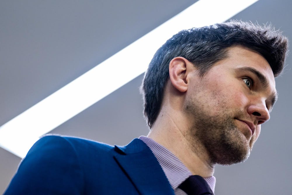 Michigan State Rep. Josh Schriver speaks to the Michigan State University chapter of Turning Point USA in Wells Hall on the campus of Michigan State University in East Lansing, Mich., on Wednesday, March 11, 2026.