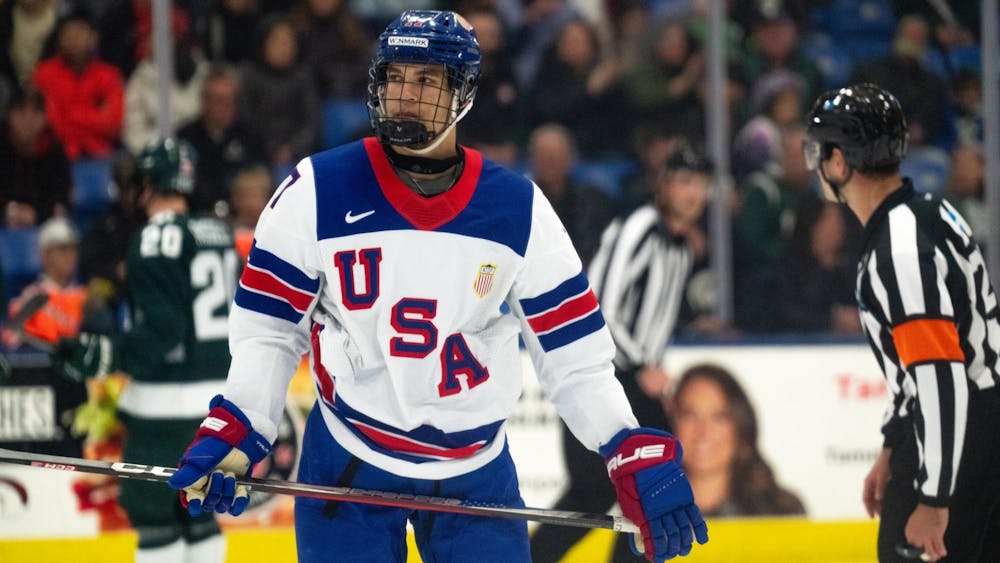 <p>Under-18 U.S. Men's National Team Development Program forward Andrew O'Neill (17) reacts to a Michigan State goal at USA Hockey Arena in Plymouth, Michigan on Nov. 21, 2024. In front of a sold out crowd, the Spartans captured a convincing 6-2 victory, showcasing why they deserve their ranking of number two in the nation.</p>