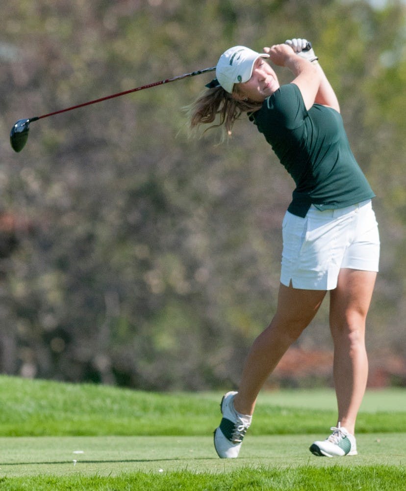 Senior Caroline Powers plays in her last home tournament at the Mary Fossum Invitational on Sunday afternoon at Forest Akers West Golf Course. Powers was the runner-up with a 1-over 217. Natalie Kolb/The State News