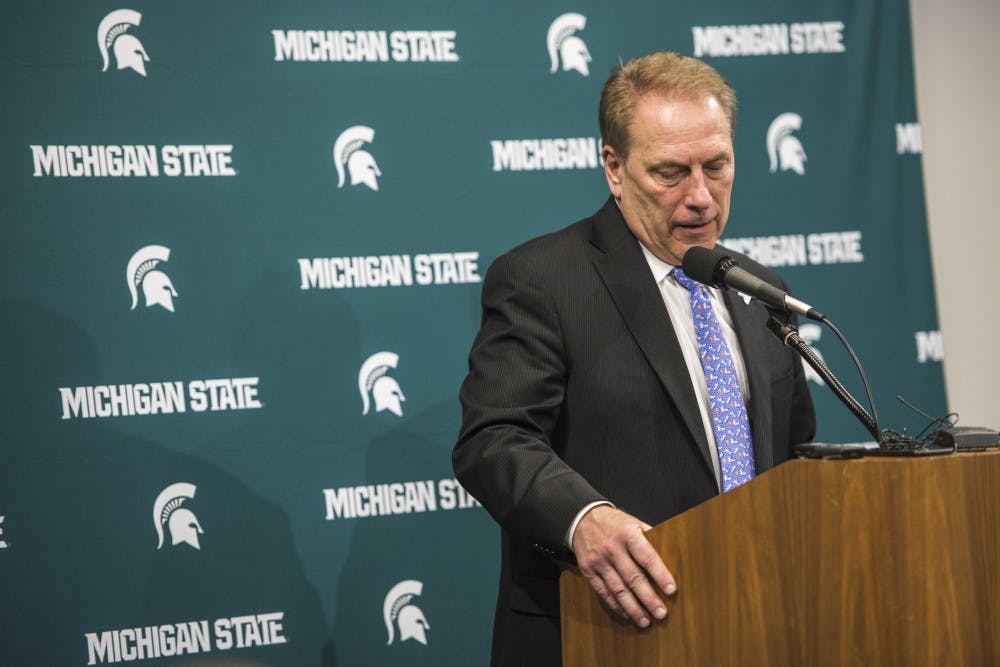 Michigan State’s head coach Tom Izzo answers a question at a press conference after the men's basketball game against Wisconsin on Jan. 26, 2018 at Breslin Center. The Spartans defeated the Badgers, 76-61. (Nic Antaya | The State News)