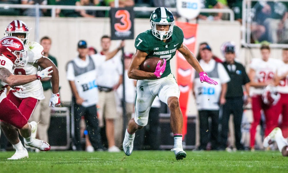 <p>Freshman wide receiver Cody White (7) runs upfield late in the game against Indiana on Oct. 21, 2017, at Spartan Stadium. The Spartans defeated the Hoosiers 17-9.</p>