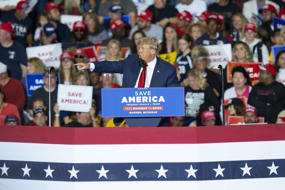 <p>Donald Trump at his rally held in support of Michigan’s GOP midterm ticket on Saturday, Oct. 1, 2022 at Macomb Community College. </p>