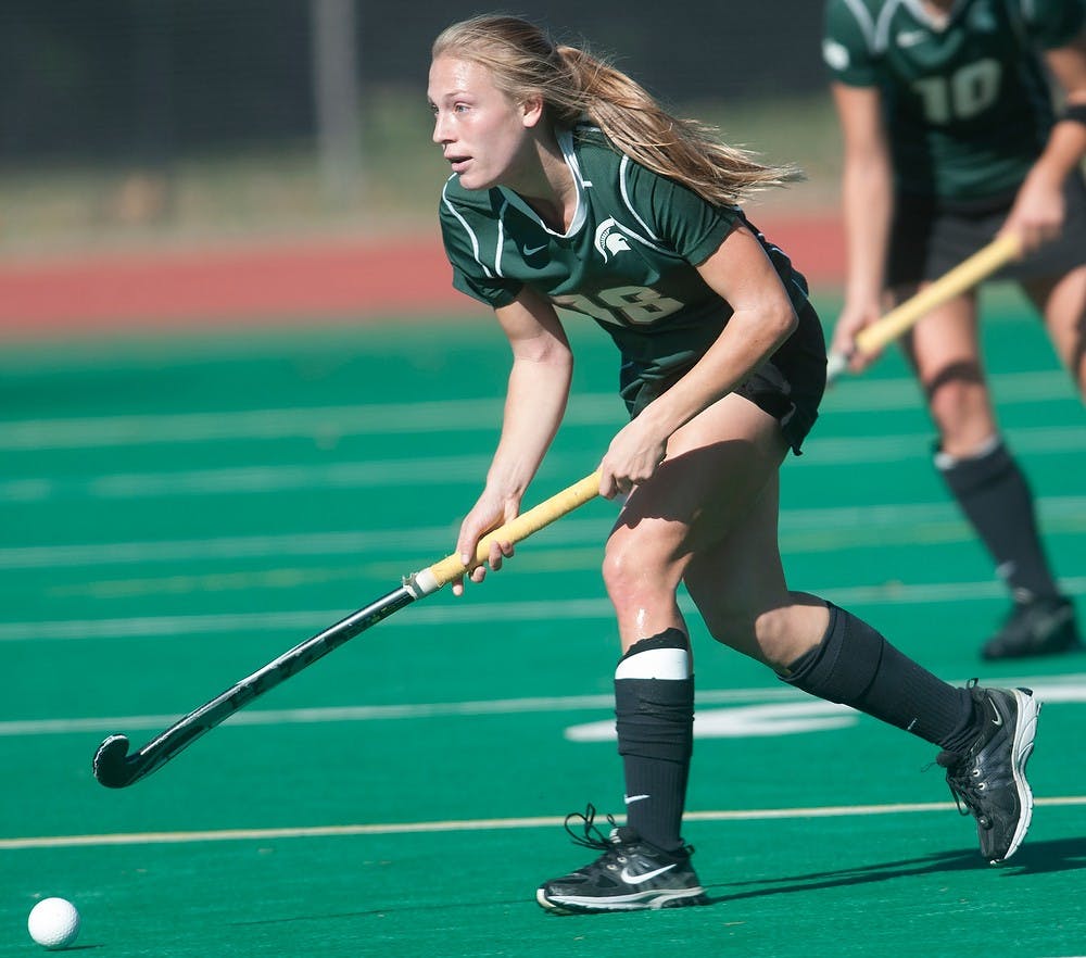 <p>Sophomore midfield Adrea Donaldson, 18, rushes up field towards the goal during the game against Central Michigan on Oct. 26, 2014, at Ralph Young Field. The Spartans defeated the Chippewas, 2-0. Raymond Williams/The State News </p>