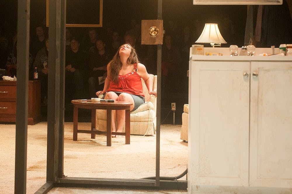 <p>Master of Fine Arts student Jacqueline Wheeler performs April 1, 2015, at the Arena Theatre in the Department of Theatre's Power Plays series production, Bug. The play ran in conjunction with Mental Health Awareness Week because many characters deal with mental diseases. Kennedy Thatch/The State News</p>