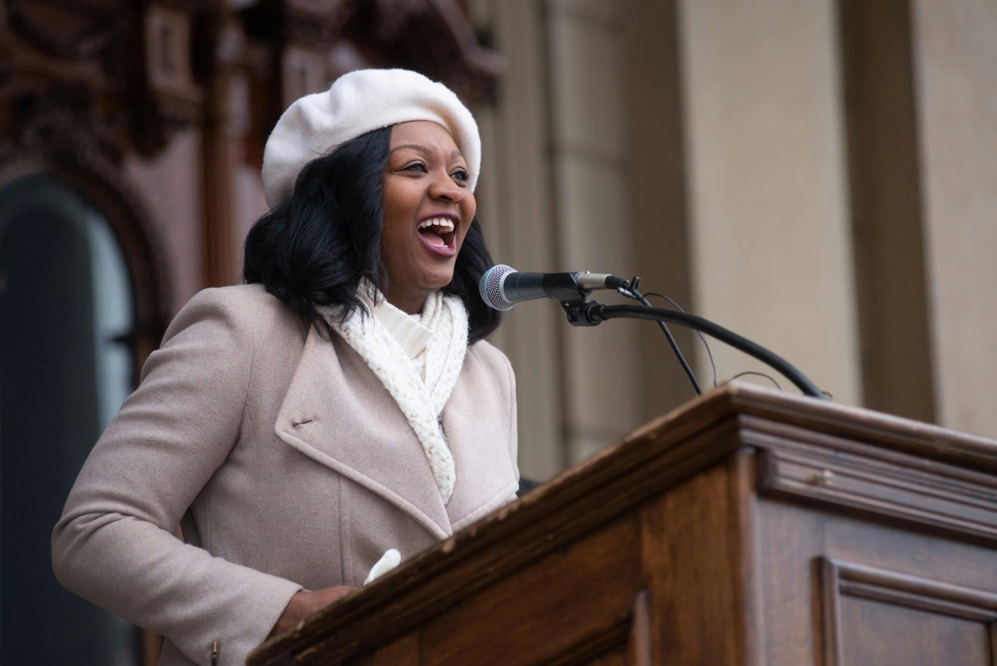 <p>Sarah Anthony, State Representative for Michigan&#x27;s 68th district, greets the crowd during the Women’s March On Lansing 2020 on Jan. 18, 2020, hosted by the Blue Brigade.</p>