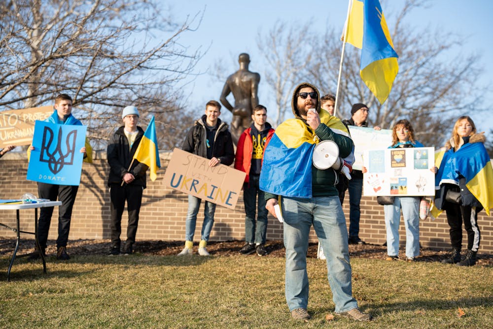 <p>Law student Andrew Haftkowycz speaks at the &quot;Spartans Stand With Ukraine,&quot; a protest at Dem Hall Field for peace in Ukraine on March 1, 2022.</p>