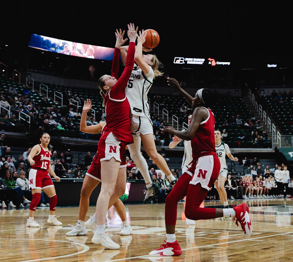 MSU redshirt sophomore guard Kennedy Blair (35) goes for a shot against Nebraska at the Breslin Center in East Lansing, MI, on Jan. 15, 2026.