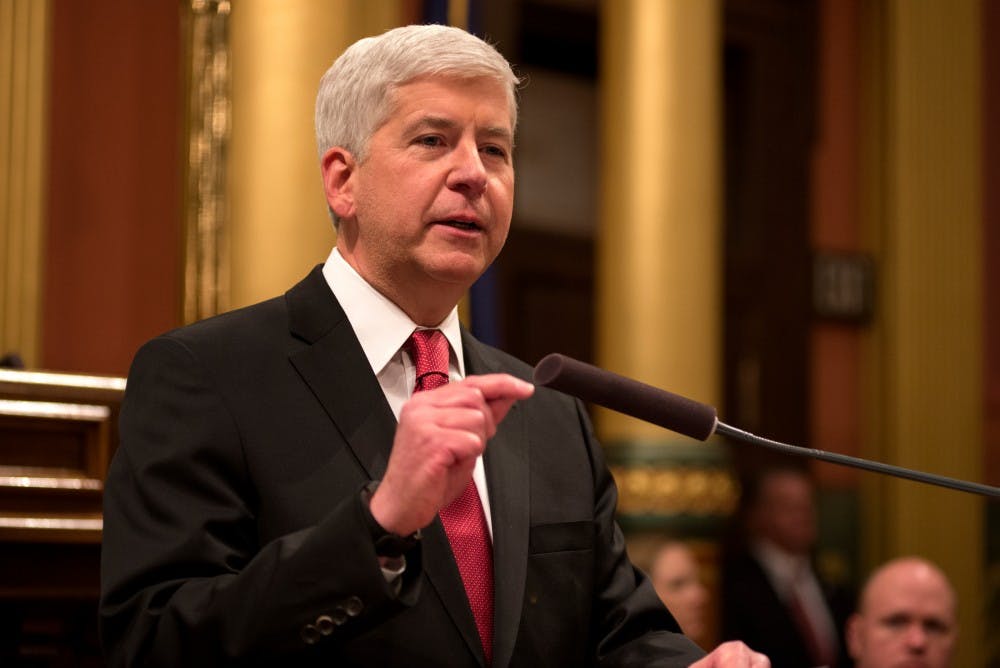 Michigan Gov. Rick Snyder addresses the audience Jan. 19, 2016, during the State of the State Address at the Capitol in Lansing, Michigan.