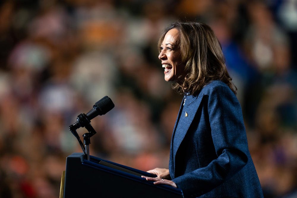 <p>Vice President Kamala Harris speaks at her presidential campaign rally on Michigan State University's campus in East Lansing, Michigan, on Nov. 3, 2024. Vice President Harris's rally at MSU demonstrates this election cycle's focus on young voters and battle ground states like Michigan.</p>