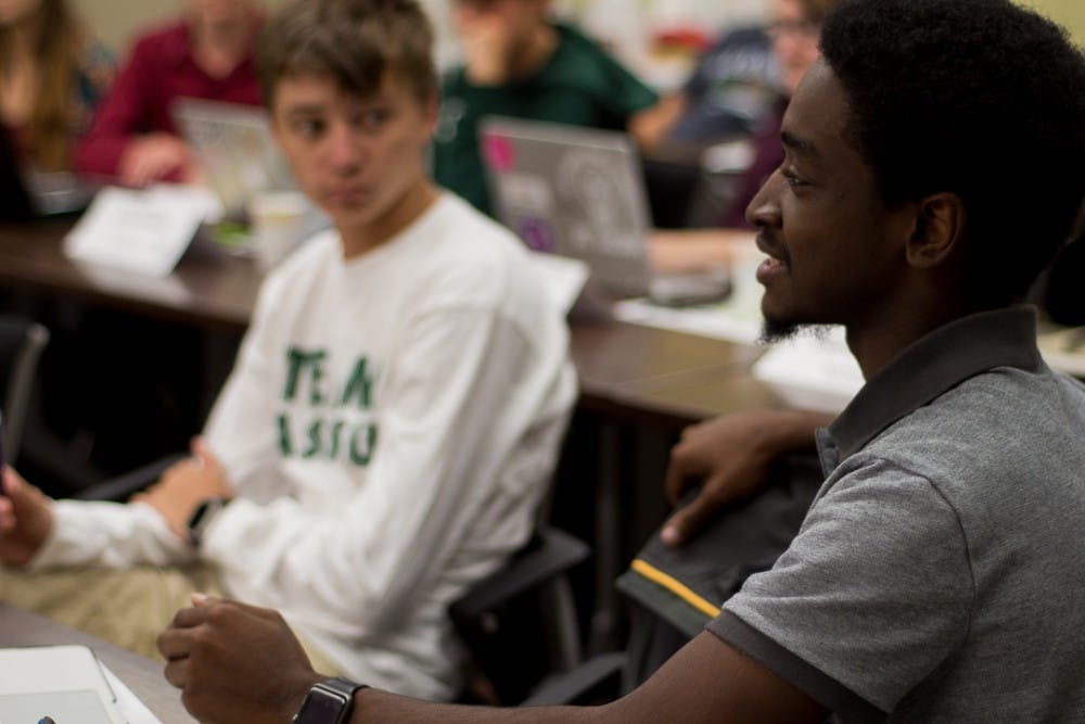 <p>Music education junior Isaiah Hawkins addresses members of the general assembly during an ASMSU meeting on Oct. 5, 2017 at Student Services. The meeting concluded by passing Bill 54-06 which aims to support sexual assault victims in the MSU community by a vote of 39-2-0.&nbsp;</p>