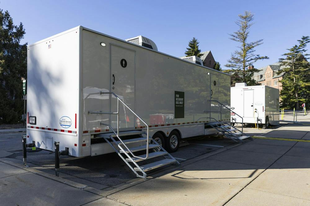 <p>Portable shower units brought on Michigan State's campus are used by students without hot water days after a campuswide power outage in East Lansing, Mich., on Thursday, Sept. 24, 2026.</p>