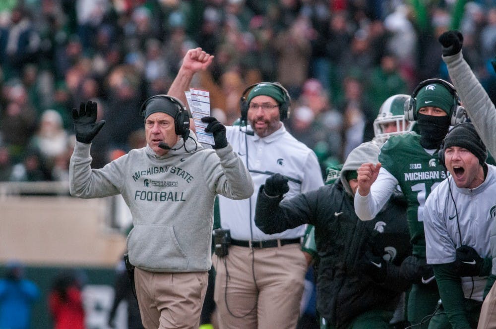 Head coach Mark Dantonio reacts to a play during the game against Ohio State on Nov. 19, 2016 at Spartan Stadium. The Spartans were defeated by the Buckeyes, 17-16. 