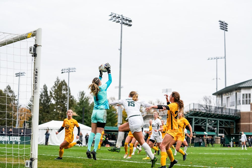 <p>University of Iowa senior goalkeeper Macy Enneking (1) catches the ball before it can make the goal at DeMartin Soccer Complex on Oct. 29, 2023.</p>