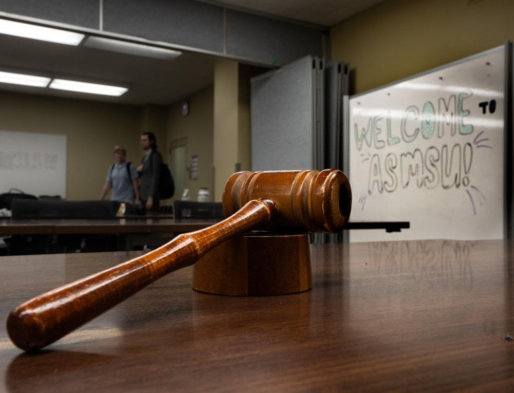 A wooden gavel used by ASMSU sits on the table after day one of elections inside the Student Affairs & Services building in East Lansing, MI on April 14, 2026.