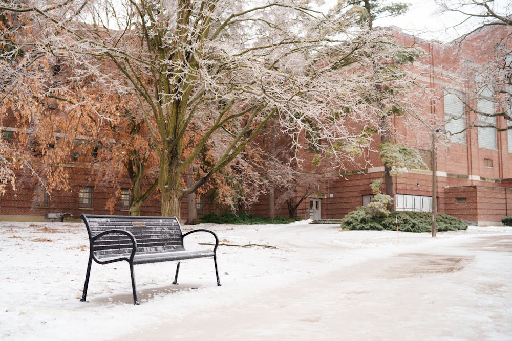 <p>Michigan State University campus is frozen over after a winter storm on Feb. 23, 2023.</p>