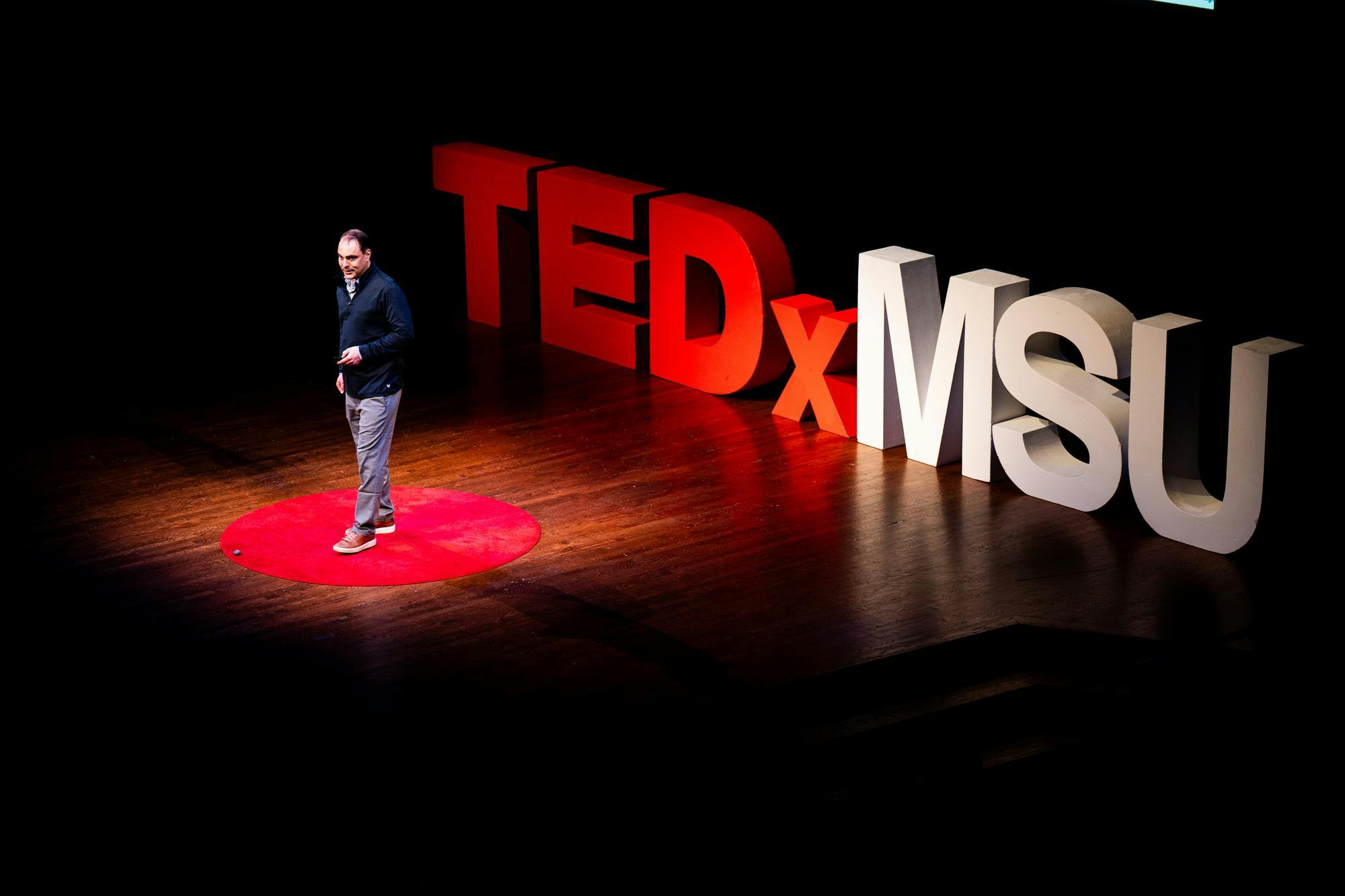 Physicist Christopher Wrede speaks to the audience during the TEDX gathering held at the Wharton Center in East Lansing, Michigan on Sunday, March 22, 2026.