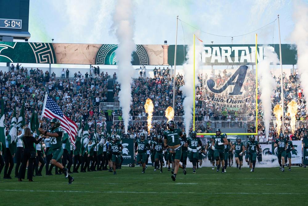 <p>The Michigan State Spartans take the field before their game against Nebraska at Spartan Stadium in East Lansing, Mich., on Saturday, Sept. 26, 2026.</p>