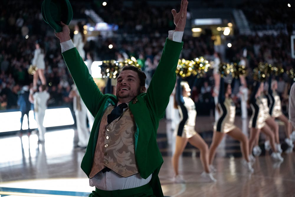 <p>The Notre Dame mascot celebrating during the Notre Dame v. MSU game held at the Joyce Center on November 30, 2022. The Spartans lost to the Fighting Irish 52 -70.</p>